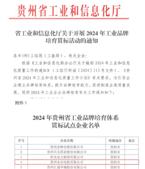 喜讯！贵州永安荣获“2024年贵州省工业品牌培育体系贯标试点企业”称呼